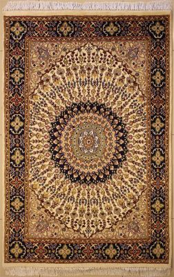 4'0x6'1 Pak Persian High Quality Area Rug with Silk & Wool Pile - Floral Design | Hand-Knotted in White