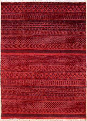 3'11x6'1 Gabbeh Area Rug made using Vegetable dyes with Wool Pile - Geometric Design | Hand-Knotted in Red