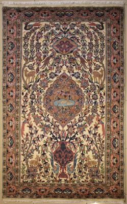 4'8x8'1 Pak Persian Area Rug with Silk & Wool Pile - Pictorial Hunting Shikargah Design | Hand-Knotted in Ivory