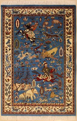4'0x6'1 Pak Persian High Quality Area Rug with Wool Pile - Pictorial Hunting Shikargah Design | Hand-Knotted in Greenish Blue