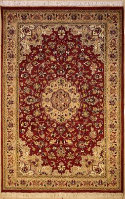4'1x6'2 Pak Persian High Quality Area Rug with Silk & Wool Pile - Floral Design | Hand-Knotted in Red