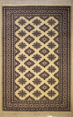 5'0x7'7 Bokhara Jaldar Area Rug with Silk & Wool Pile - Geometric Diamond Design | Hand-Knotted in White
