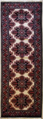 2'6x9'4 Caucasian Design Area Rug with Wool Pile - Tribal Khan Mohammadi Floral Design | Hand-Knotted in White
