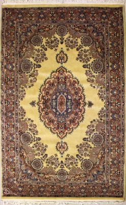 4'7x6'10 Pak Persian Area Rug with Silk & Wool Pile - Kirman Medallion Design | Hand-Knotted in Gold