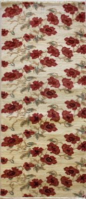2'8x8'2 Chobi Ziegler Area Rug made using Vegetable dyes with Wool Pile - Floral Design | Hand-Knotted in White