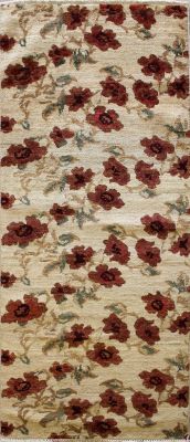 2'7x8'2 Chobi Ziegler Area Rug made using Vegetable dyes with Wool Pile - Floral Design | Hand-Knotted in White