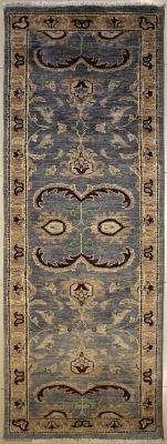 2'7x8'1 Chobi Ziegler Area Rug made using Vegetable dyes with Wool Pile - Floral Design | Hand-Knotted in Grey