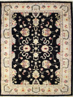 4'0x6'1 Chobi Ziegler Area Rug made using Vegetable dyes with Wool Pile - Floral Design | Hand-Knotted in Black