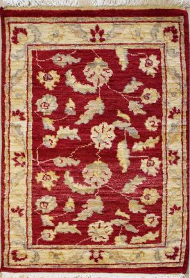 1'11x3'1 Chobi Ziegler Area Rug made using Vegetable dyes with Wool Pile - Floral Design | Hand-Knotted in Red