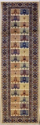 2'7x10'2 Chobi Ziegler Area Rug made using Vegetable dyes with Wool Pile - Panel Design | Hand-Knotted in White