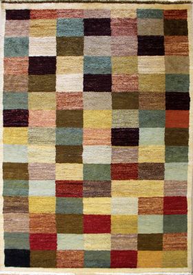 4'4x6'7 Gabbeh Area Rug made using Vegetable dyes with Wool Pile - Checkered Design | Hand-Knotted Multicolored | 4.5x7 Double Knot Rug