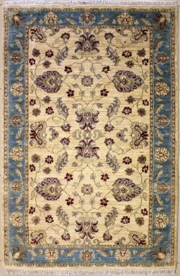4'1x6'0 Chobi Ziegler Area Rug made using Vegetable dyes with Wool Pile - Floral Design | Hand-Knotted in White