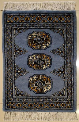 1'6x2'1 Bokhara Jaldar Area Rug with Wool Pile - Special Mori Bokhara Elephant Foot Design | Hand-Knotted in Grey