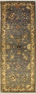 2'7x8'6 Chobi Ziegler Area Rug made using Vegetable dyes with Wool Pile - Floral Design | Hand-Knotted in Grey