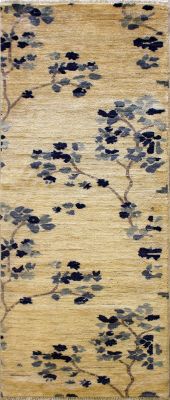 2'6x8'1 Chobi Ziegler Area Rug made using Vegetable dyes with Wool Pile - Floral Design | Hand-Knotted in White