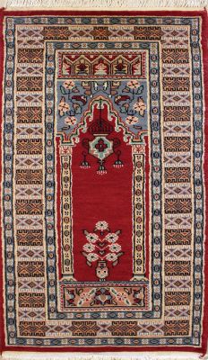 2'0x4'2 Bokhara Jaldar Area Rug with Wool Pile - Prayer Pictorial Design | Hand-Knotted in Red