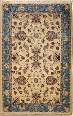 4'0x6'2 Chobi Ziegler Area Rug made using Vegetable dyes with Wool Pile - Floral Design | Hand-Knotted in White