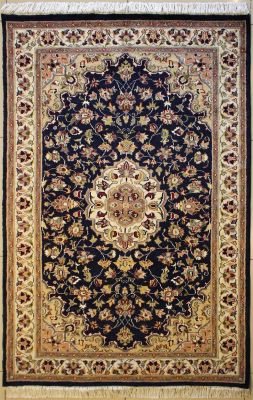 4'0x6'3 Pak Persian High Quality Area Rug with Silk & Wool Pile - Floral Design | Hand-Knotted in Blue