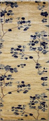 2'6x8'1 Chobi Ziegler Area Rug made using Vegetable dyes with Wool Pile - Floral Design | Hand-Knotted in White