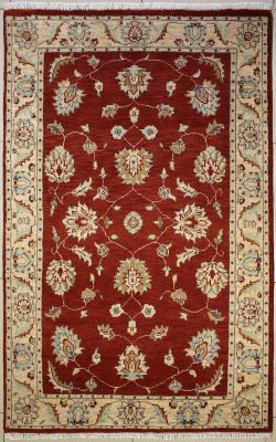 4'0x6'2 Chobi Ziegler Area Rug made using Vegetable dyes with Wool Pile - Floral Design | Hand-Knotted in Red
