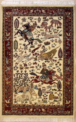 4'0x6'1 Pak Persian High Quality Area Rug with Wool Pile - Pictorial Hunting Shikargah Design | Hand-Knotted in White