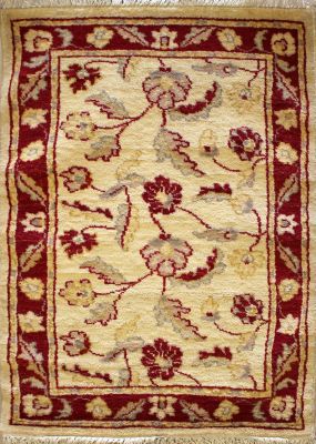2'1x3'1 Chobi Ziegler Area Rug made using Vegetable dyes with Wool Pile - Floral Design | Hand-Knotted in White