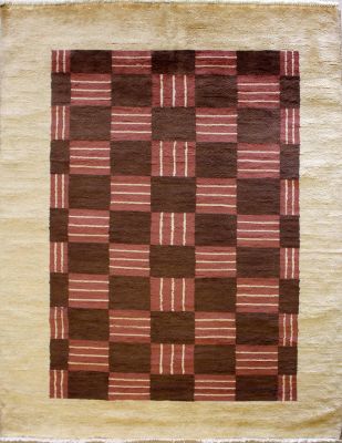 4'7x6'5 Gabbeh Area Rug made using Vegetable dyes with Wool Pile - Checkered Design | Hand-Knotted Multicolored | 4.5x7 Double Knot Rug