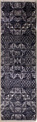 2'6x9'3 Chobi Ziegler Area Rug made using Vegetable dyes with Silk & Wool Pile - Geometric Design | Hand-Knotted in Grey