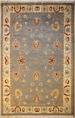 4'0x6'1 Chobi Ziegler Area Rug made using Vegetable dyes with Wool Pile - Floral Design | Hand-Knotted in Grey