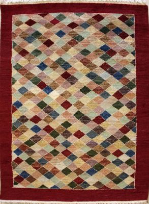 4'0x6'2 Gabbeh Area Rug made using Vegetable dyes with Wool Pile - Diamond Design | Hand-Knotted Multicolored | 4x6 Double Knot Rug
