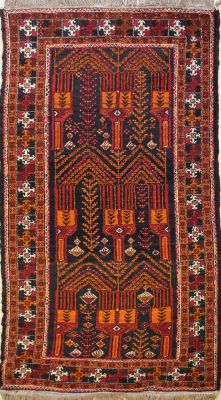 3'10x8'4 Caucasian Design Area Rug with Wool Pile - Tribal Balochi Floral Design | Hand-Knotted in Black