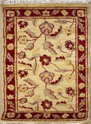 2'0x3'3 Chobi Ziegler Area Rug made using Vegetable dyes with Wool Pile - Floral Design | Hand-Knotted in White