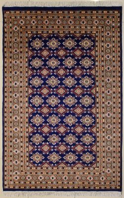 5'1x8'0 Bokhara Jaldar Area Rug with Silk & Wool Pile - Geometric Design | Hand-Knotted in Blue