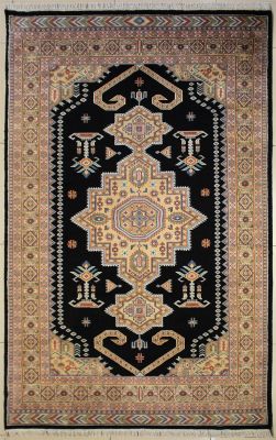 5'1x8'5 Caucasian Design Area Rug with Silk & Wool Pile - Geometric Medallion Design | Hand-Knotted in Black