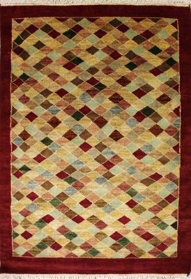 4'1x6'2 Gabbeh Area Rug made using Vegetable dyes with Wool Pile - Diamond Design | Hand-Knotted Multicolored | 4x6 Double Knot Rug