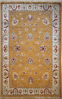 4'2x6'2 Chobi Ziegler Area Rug made using Vegetable dyes with Wool Pile - Floral Design | Hand-Knotted in Gold