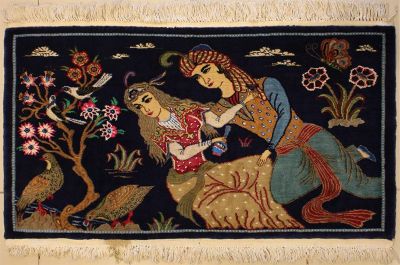 1'9x2'11 Pak Persian High Quality Area Rug with Silk & Wool Pile - Pictorial Umar-e-Khayyam Design | Hand-Knotted in Blue