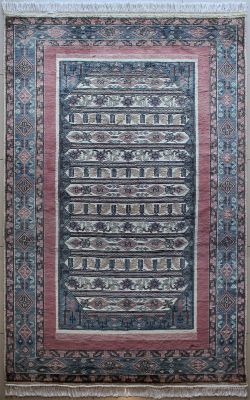 5'1x8'7 Pak Persian Area Rug with Silk & Wool Pile - Floral Geometric Design | Hand-Knotted in Ivory