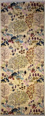 2'6x8'1 Chobi Ziegler Area Rug made using Vegetable dyes with Silk & Wool Pile - Floral Design | Hand-Knotted in White
