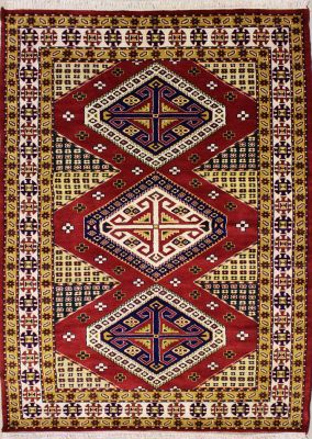 5'0x8'0 Caucasian Design Area Rug with Silk & Wool Pile - Geometric Diamond Design | Hand-Knotted in Red