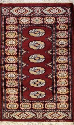 2'0x3'10 Bokhara Jaldar Area Rug with Silk & Wool Pile - Special Mori Bokhara Elephant Foot Design | Hand-Knotted in Red