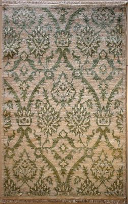 4'0x6'0 Chobi Ziegler Area Rug made using Vegetable dyes with Wool Pile - Floral Design | Hand-Knotted in White
