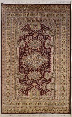 5'0x8'0 Caucasian Design Area Rug with Silk & Wool Pile - Geometric Design | Hand-Knotted in Red