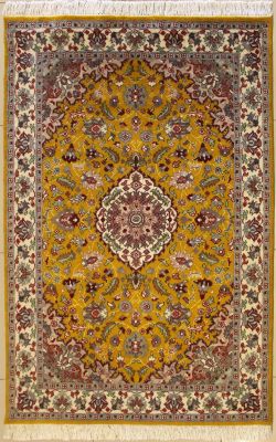 4'0x6'4 Pak Persian High Quality Area Rug with Silk & Wool Pile - Floral Design | Hand-Knotted in Gold
