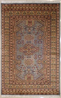 5'3x8'2 Caucasian Design Area Rug with Silk & Wool Pile - Geometric Design | Hand-Knotted in Grey