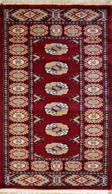 2'0x4'0 Bokhara Jaldar Area Rug with Wool Pile - Special Mori Bokhara Elephant Foot Design | Hand-Knotted in Red
