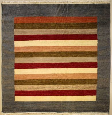 6'0x6'2 Gabbeh Area Rug made using Vegetable dyes with Wool Pile - Striped Design | Hand-Knotted Multicolored | 6x6 Square Double Knot Rug
