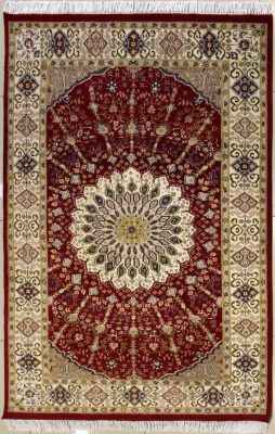 4'5x6'6 Pak Persian High Quality Area Rug with Silk & Wool Pile - Floral Design | Hand-Knotted in Red