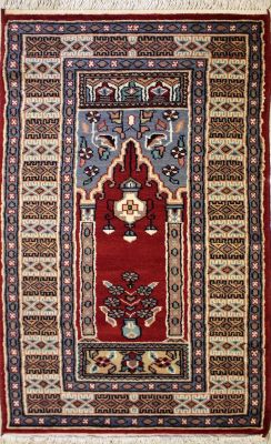 2'0x4'1 Bokhara Jaldar Area Rug with Wool Pile - Prayer Pictorial Design | Hand-Knotted in Red