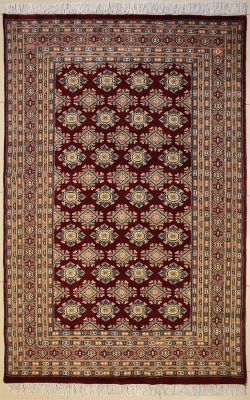 5'1x8'2 Bokhara Jaldar Area Rug with Silk & Wool Pile - Geometric Design | Hand-Knotted in Red